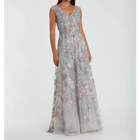 Mac Duggal 20263 Womens Size 18 Silver Pink Floral Embroidery Gown Maxi Dress - Picture 6 of 11